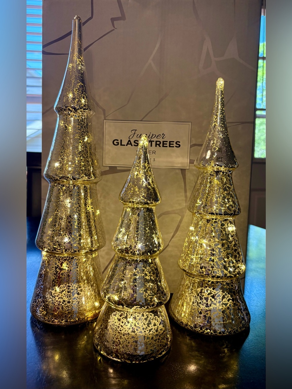 Set of 3 Silver Mercury Glass Juniper Christmas Trees with Fairy Lights